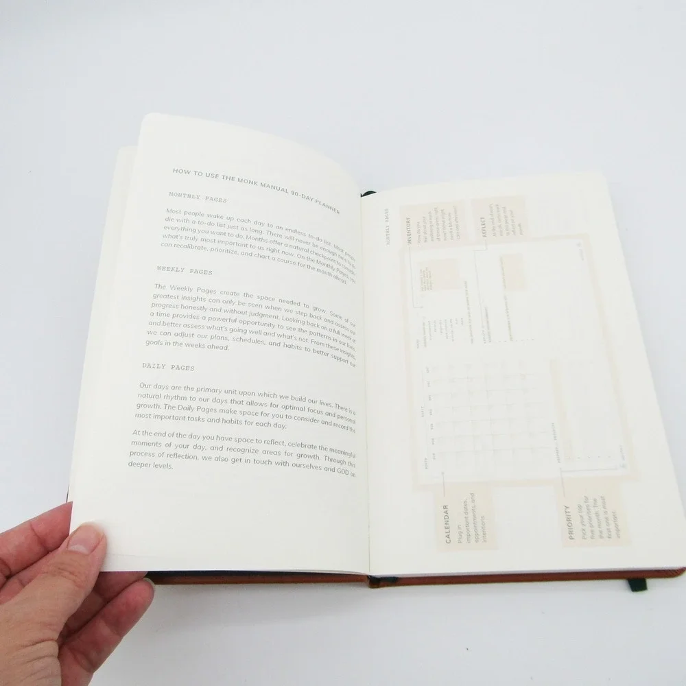 NEW Monk Manual Medium Daily/Monthly Planner Tan Hardcover, Green Ribbon